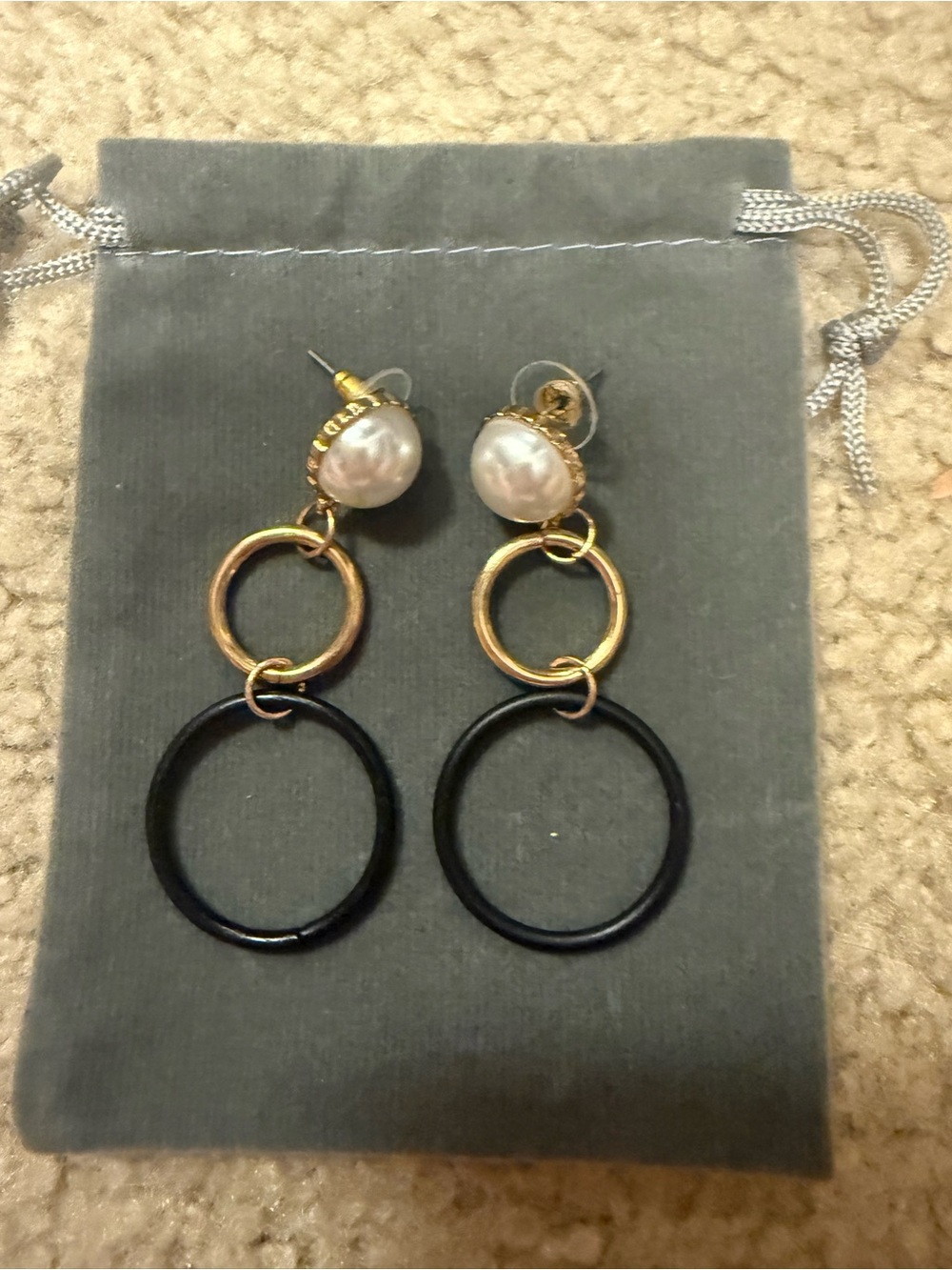 Gold and Black Faux Pearl Drop Earrings